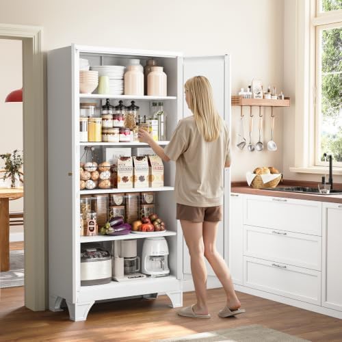 71" White Kitchen Pantry Storage Metal Storage Cabinet 4 Adjustable Shelves - Image 3