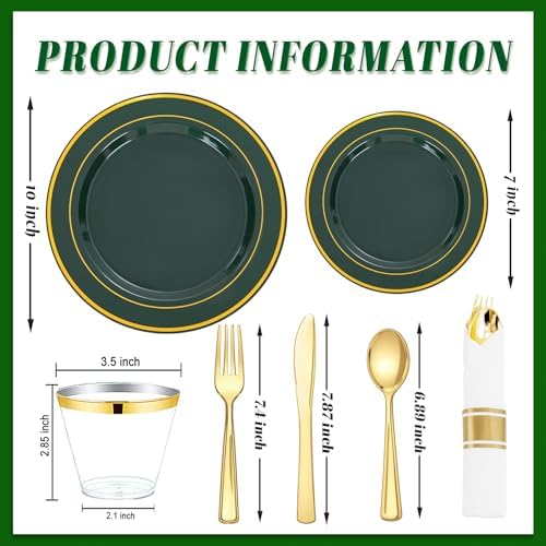 WDF Partyware 350PCS Green and Gold Plates - Green Plastic Plates 50Guests Plastic Plate with Rolled Napkins for Party/Birthday/Wedding - Image 3