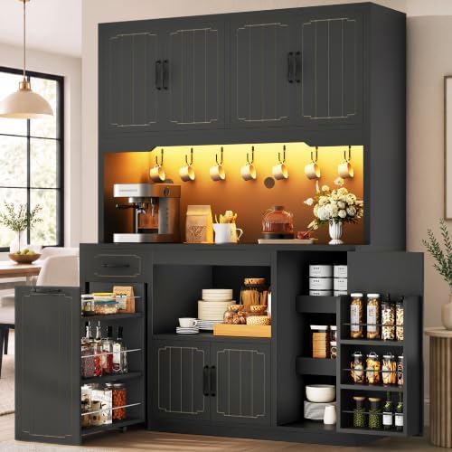 Fluted Kitchen Pantry Cabinet with Charging Station & LED Light, 47" Wide Kitchen Pantry Storage Cabinet with Countertop, Microwave & Appliance Storage, Food Pantry Cabinet for Dining Room ,Black by JOCOEVOL