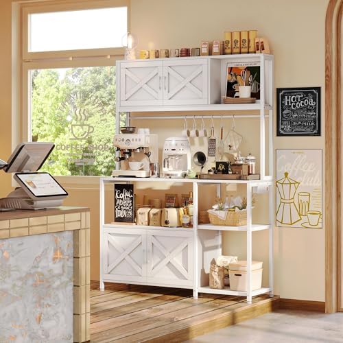 Huuger Large Bakers Rack with Power Outlet, Kitchen Microwave Stand with Cabinets, Coffee Bar Table Station with Storage, 6 S-Shaped Hooks, Mesh Shelves, 45 Inch Wooden Top, White - Image 6