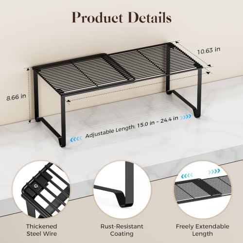 Extendable Metal Wire Shelf Organizer - Adjustable 15-24.4in Length, Stackable Storage Rack for Kitchen/Pantry/Bathroom/Shoe Cabinet/Tool Closet (4,Black) - Image 2