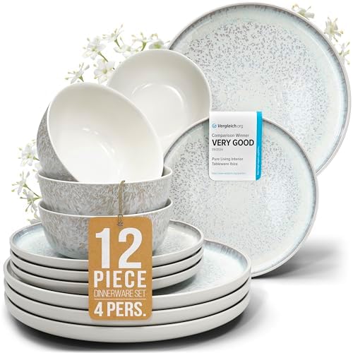 12 Piece Stoneware Dinnerware Set for 4, Handcrafted Plates and Bowls Set by PURELIVING