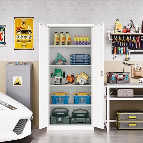 Metal Storage Cabinet with Lock,Lockable Garage Cabinet with 2 Doors and 5 Adjustable Shelves,Tall Steel Cabinets for Garage,Workshop,Gym,School - Image 2