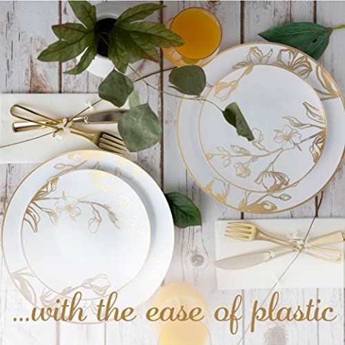 PLASTICPRO 80 Piece Combo Plates Set includes 40-7'' inch Plates & 40-10'' inch Plate White Plastic Floral Design Party Plates With Gold Rim, Premium heavyweight Elegant, Tableware, - Image 2
