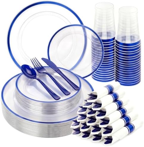 350PCS Clear Blue Plastic Plates Dinnerware Sets for 50 Guests by cheerserve