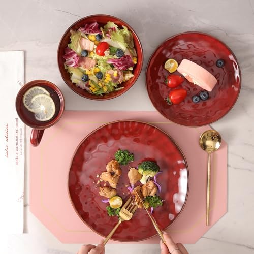 vicrays Ceramic Dinner Plates Set, 10.5 Inch, Set of 6, Round, Microwave, Oven, Dishwasher Safe, Porcelain Fluted Suitable for Steak, Pasta, Pizza, Home, Party, Restaurant (Cherry Red) - Image 5