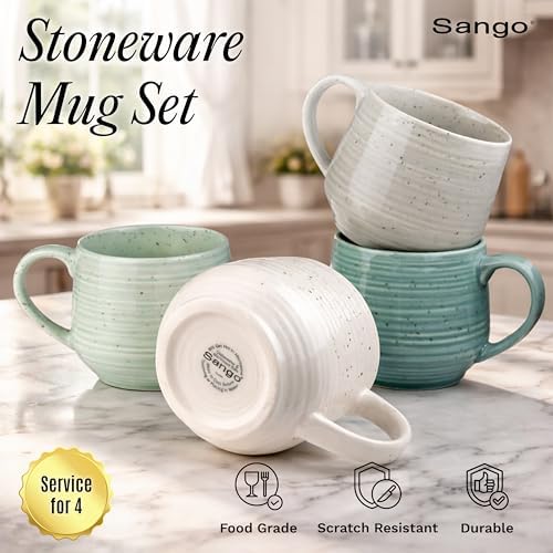 Sango Siterra Artist's Blend 17 oz. Stoneware Mug Set- Service for 4, Rustic Design, Green/White/Beige, Scratch-Resistant, Microwave & Dishwasher Safe, for Everyday Dining & Entertainment - Image 3