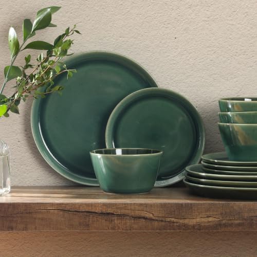 Gibson Elite 12 Piece (Service for 4) Fern Canyon Plates and Bowls Reactive Glaze Modern Coupe Round Dishes Stoneware Ceramic Dinnerware Set - Glossy Green - Image 6