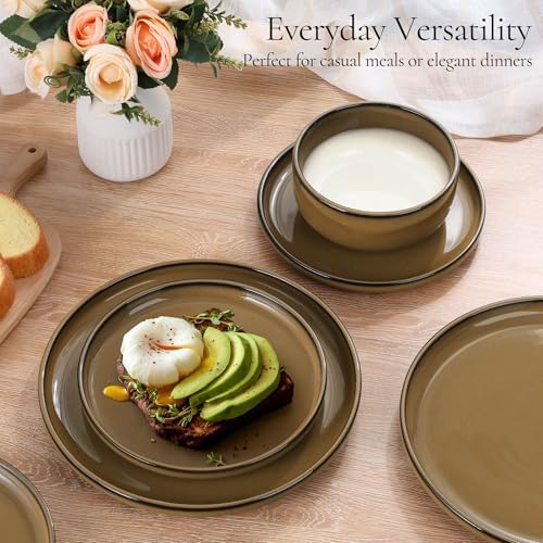 E-far Stoneware Dinnerware Sets for 6, 18 Pieces Reactive Glaze Plates and Bowls Sets, Elegant Dishes with Rustic Terracotta Clay Base, Dishwasher & Microwave Safe, Scratch Resistant, Deep Camel - Image 4