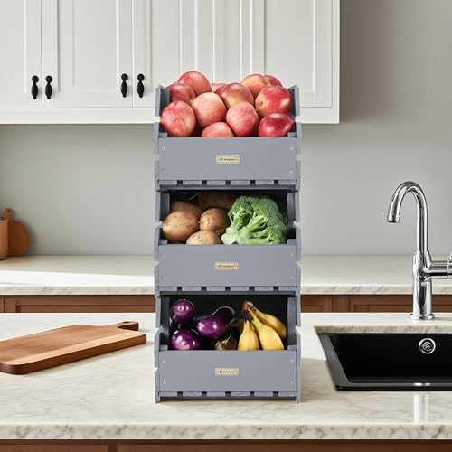 Wood Potato Onion Storage Bins - Wooden Stackable Produce Basket - Fruit Vegetable Storage for Kitchen Pantry Organization, Set 3 Pieces - Image 4