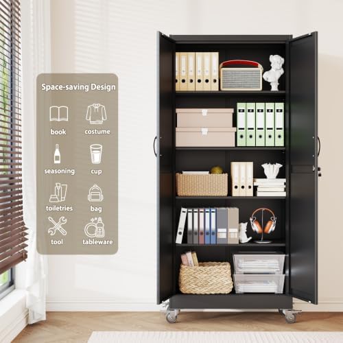 Metal Storage Cabinets with Wheels, Steel Tool Cabinets Lock Door and 4 Adjustable Shelves for Home Office, Garage, Kitchen (Black, 70.9" H) - Image 4