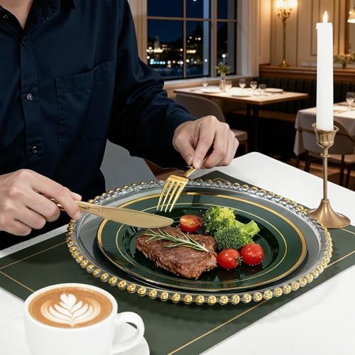 WDF Partyware 175PCS Green Plastic Plates - Green and Gold Disposable Plates 25Guests Plastic Plates with Rolled Napkins for Birthday/Party/Wedding - Image 2