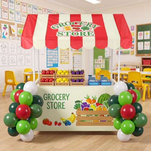 SmoothNovelty Grocery Store Stand Pretend Play Grocery Store Locally Grown Farmers Market Fruit Vegetable Party Decor with Shelf Banner Roof Balloons for Locally Grown Baby Shower Dramatic Play Stand - Image 4