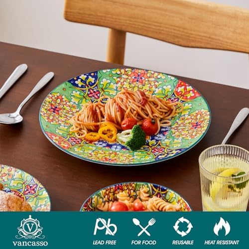 vancasso 12 Pieces Dinnerware Sets, Green Plates and Bowls Set, Porcelain Dishes Set for 4, Microwave and Dishwasher Safe, Scratch Resistant, Bohemian Style Dining Ware Service for 4, Series SIMI - Image 3