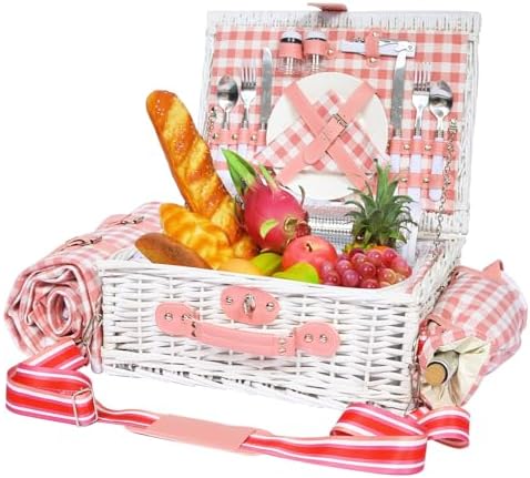 Pink Wicker Picnic Basket for 2, Blanket & Wine Pouch, 16.6" by HYBDAMAI