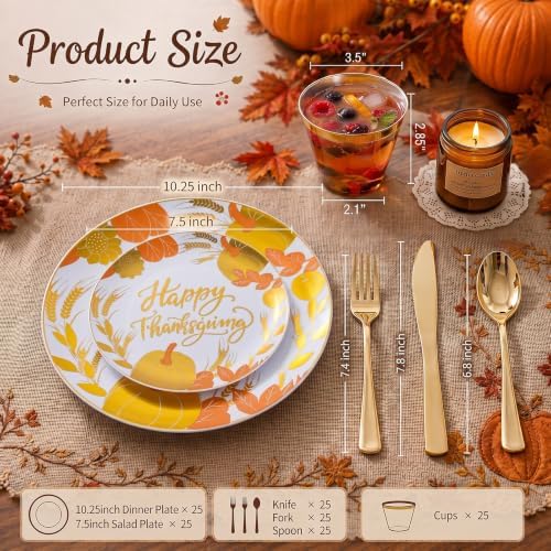 KIRE 150PCS Thanksgiving Plates Dinnerware Pumpkins - Plastic Thanksgiving Plates with Gold Silverware Include 25 for Dinner 25 for Salad 25Forks 25Knives 25Spoons 25Gold Cups - Image 2
