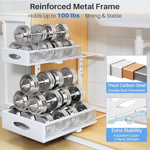 Under Sink Organizer, 2 Tier Pull Out Under Cabinet Organizer Shelf with Pad for Framed Cabinets, Metal Slide Out Under Sink Storage, Mesh Sliding Drawers for Kitchen Bathroom Laundry(White, 1 Pack) - Image 6