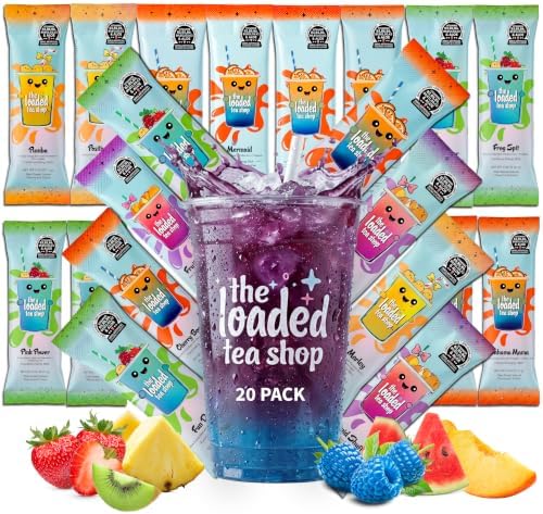 The Loaded Tea Shop Energy Drink Mix Sticks, Variety 20 Pack, Sugar-Free, Zero Calories, 200mg Natural Caffeine, No Artificial Colors/Flavors, Powder Packets w/B Vitamins - Energy Drink Alternative by TheLoadedTeaShop