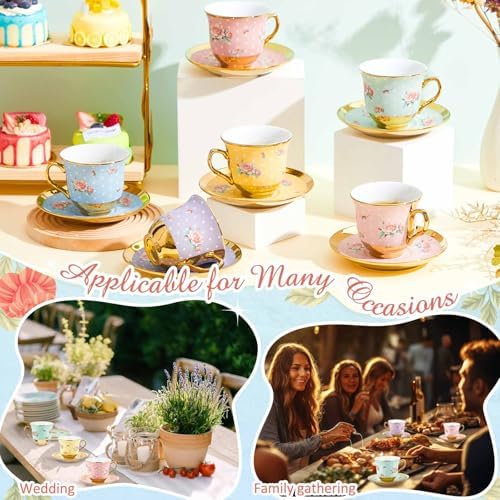 Teenyyou Set of 12 Tea Cups and Saucers, Vintage Style, 5.4 oz - Image 4