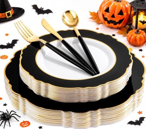 WDF 30Guest Black and Gold Plastic Plates - Gold Plastic Silverware With Black Handle Baroque Halloween Black and Gold Disposable Dinnerware for Wedding/Party/Birthday/Halloween by WDF