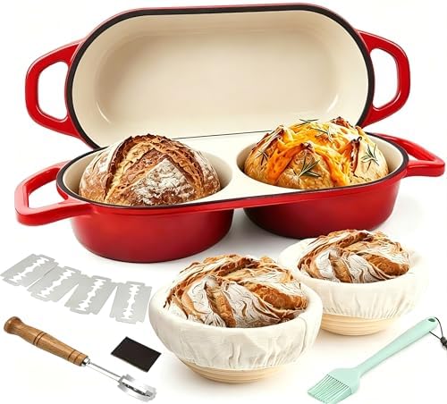 Double Mini Dutch Oven for Sourdough Bread Baking, Enameled Cast Iron Bread Oven with Lid, Bake 2 Artisan Loaves at Once, Includes 2 Banneton Proofing Baskets & Bread Lame, Oven Safe Bread Baking Pot by Unknown