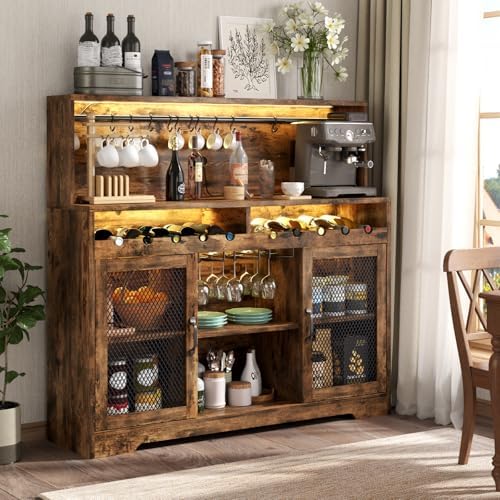 Loomie Wine Bar Cabinet with LED Light, Liquor Cabinet with Glass Holder, Coffee Bar for Liquor, Storage Buffet with Wine Racks, Wine Cabinet with Mesh Door (Rustic) - Image 5