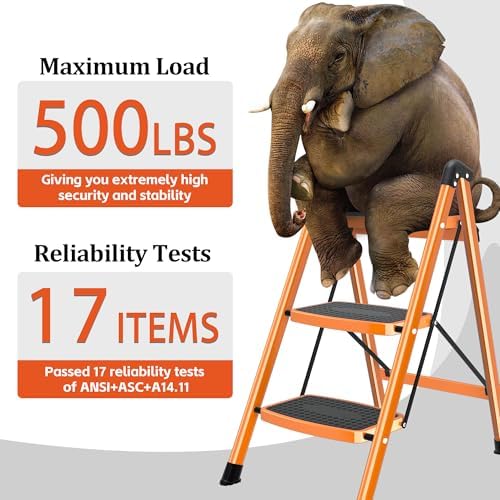 DIAMONDFORGE 3 Step Ladder, Folding Step Stool with Anti-Slip Wide Pedal, Soft Handle, Anti-Slip Feet, Sturdiest Steel Construction, 500lbs Capacity Steel Ladder for Home and Office, Orange - Image 2