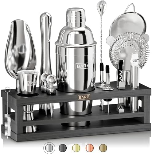 BARE BARREL® Mixology Bartender Kit Bar Set | 16-Piece Cocktail Shaker Set | Martini Barware Mixing Tools for Home Bartending | Incl. 35 Recipe Cards | Gift Set (24oz Cobbler Shaker, Silver/Black) by BareBarrel