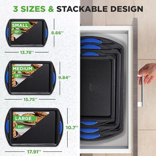 NutriChef 3-Piece Nonstick Cookie Sheets for Baking – Carbon Steel Stackable Bakeware Set w/ Silicone Handles - Non Toxic Baking Pan - Durable & Wrap Resistance, Oven Safe - Easy cleanup - Image 3