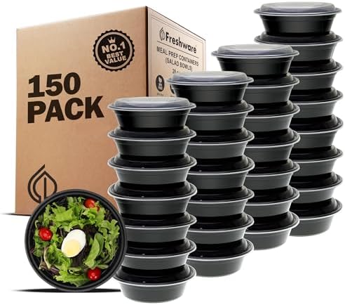 Freshware Meal Prep Containers with lids [150 Pack] Food Storage Containers, Bento Box, BPA-Free, Stackable, Microwave, Dishwasher, Freezer Safe, 32 Oz, Black by Freshware