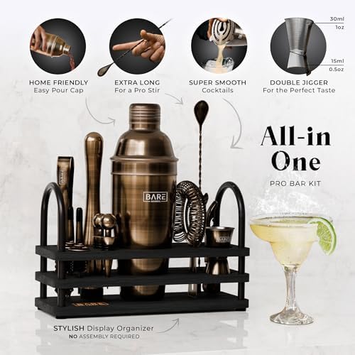 BARE BARREL® Mixology Bartender Kit Bar Set | 14-Piece Cocktail Shaker Set | Martini Barware Mixing Tools for Home Bartending | 35 Recipe Cards | Gift Set (24oz Cobbler Shaker, Brass/Black) - Image 2
