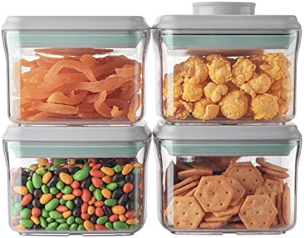 Ankou Airtight Container Set - (380ml 4 Pcs) Stackable One Button Openning Food Containers for Snacks Candy Salt Herbs Spices BPA-Free Tranparent (0.32 QT * 4) by ANKOU