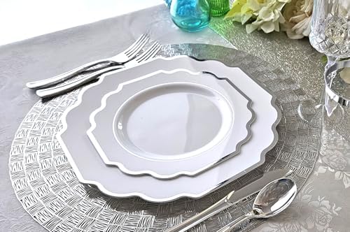 " OCCASIONS " 960 Piece set (120 Guests)-Heavyweight Wedding Party Disposable Plastic Plate Set - 120 x 10.5'' + 120 x 8'' + Silverware+12oz Cups+Napkins (Imperial in White & Silver Rim) - Image 4