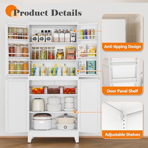 GAIOUS 74.8" Tall Metal Food Cabinet, White Kitchen Pantry Cabinet - Image 4