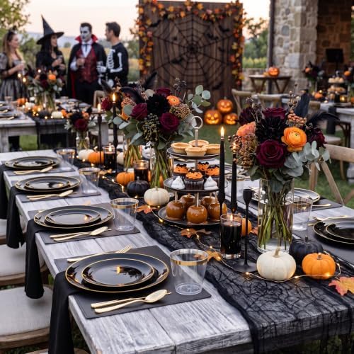 KIRE 175Pcs Black Plates Disposable - Heavy Duty Black and Gold Plastic Plates- 25 for Dinner 25 for Dessert 25 Pre Rolled Gold Silverware and 25 Cups for Party/Wedding/New Year/Halloween - Image 4