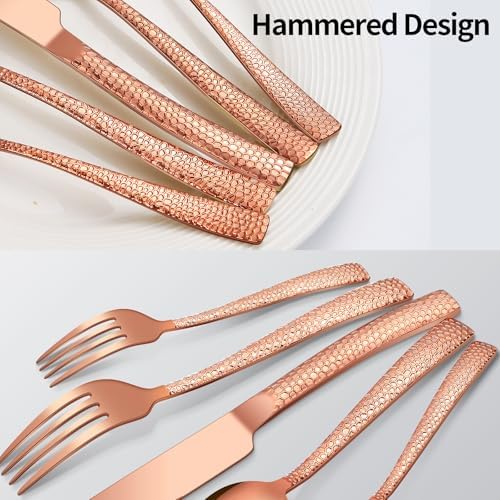 40-Piece Silverware Set, Rose Gold Hammered Stainless Steel Flatware Sets for 8, Food-Grade Tableware Set, Including Fork Knife Spoon Set, Home Kitchen Cutlery Sets, Dishwasher Safe - Image 5