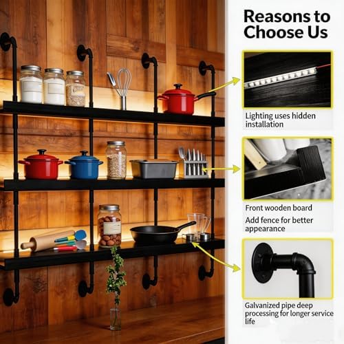 Wall Mounted Wine Rack with LED Light - 3-Tier Solid Wood Industrial Rustic Floating Shelves, Bottle Storage Organizer for Kitchen, Bar, Pub, Cellar, Home Bar (Walnut, 221cm/87in) - Image 3