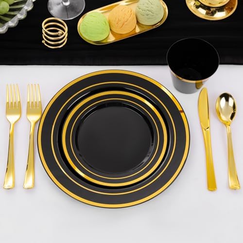 WELLIFE Black and Gold Plates, Plastic Dinnerware Set for 75 Guests - Image 6