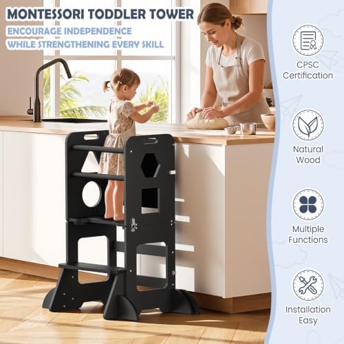 Toddler Standing Tower Anti-Tip Wooden Kitchen Step Stool，Black - Image 4
