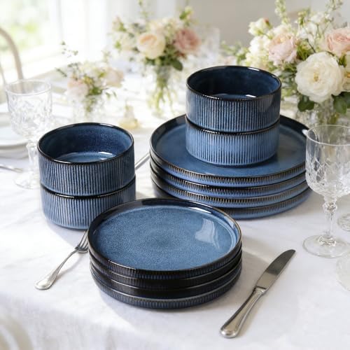 Stoneware Dinnerware Sets for 4, 12Pcs Plates and Bowls Set, Midnight Blue - Image 2