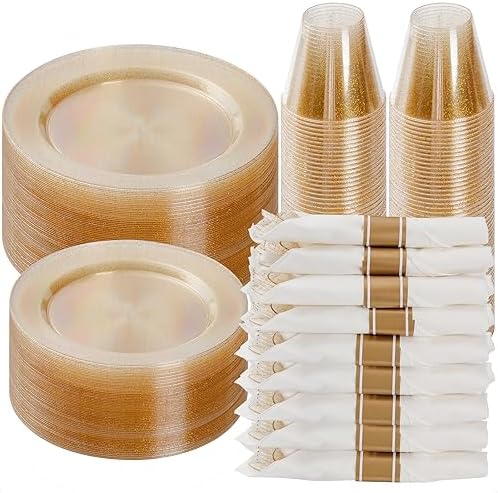 Goodluck 350 Piece Gold Glitter Plastic Dinnerware Set for 50 Guests by GoodLuck