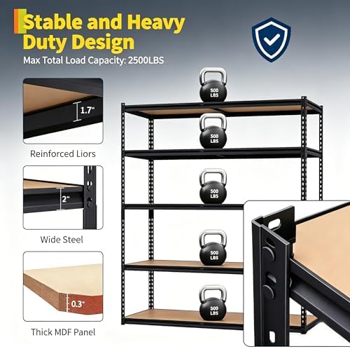 Heavy Duty Garage Storage Shelves, 5-Tier Metal Adjustable Shelving Unit, Storage Shelving with 2500 LBS Capacity for Kitchen Pantry Basement Bathroom Laundry, 36" l x 18" w x 72" h - Image 4