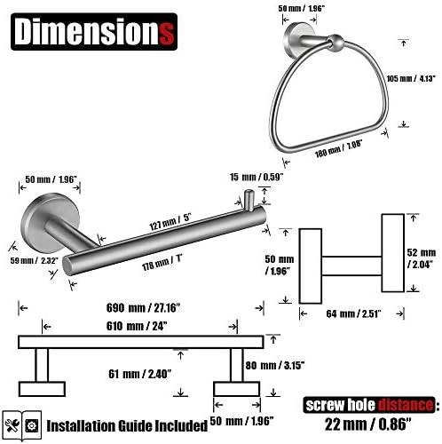 JQK Bathroom Hardware Set Chrome, 5-Piece Bath Accessories Set Polished Chrome Wall Mount Includes 24 in Towel Bar, 7 in Towel Ring, Toilet Paper Holder, 2 Towel Hooks, BAS165-CH - Image 2
