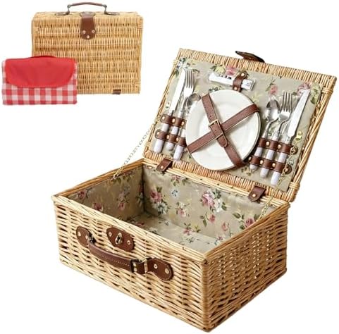 Multifunctional Wicker Picnic Basket Set for 2 Adult with Blankets & Flower by OrgaNatureQueen
