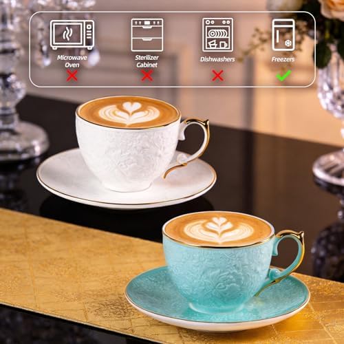 KAMMAK Tea Cups and Saucers Set of 2, Fine Bone China Coffee Cups, GH021 - Image 6