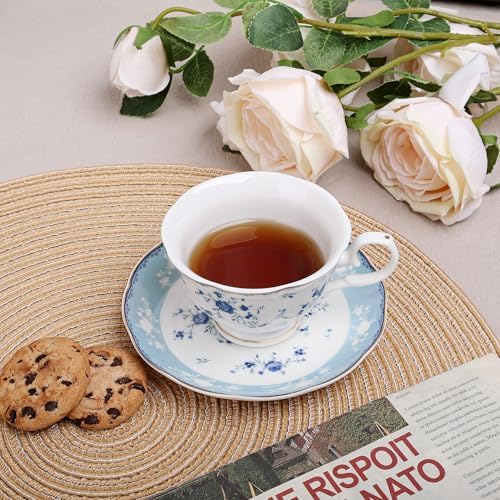 fanquare Blue Rose Porcelain Tea Cup and Saucer Set for 6 - Image 4