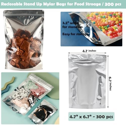 300-Pack 4.7" x 6.7" Small Reclosable Mylar Bags for Food Storage Stand Up Pouch Bags Bulk Resealable Smell Proof Aluminum Silver Foil Bags with Clear Window Kitchen Storage Edible Packaging - Image 3