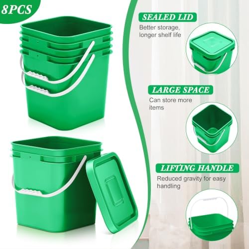 Mumufy 8 Pcs 3.5 Gallon Square Food Grade Bucket with Lid, Green - Image 3