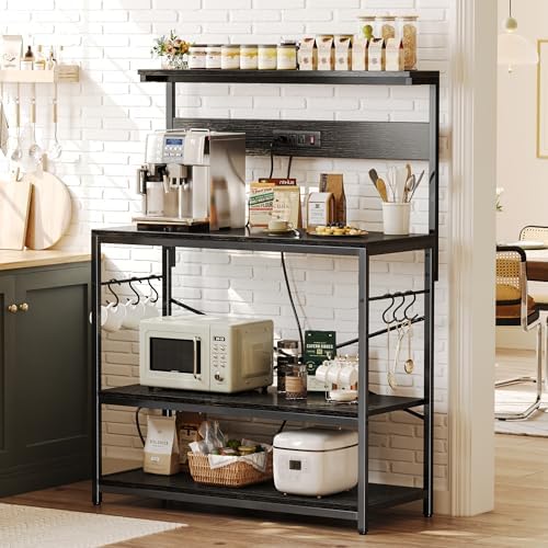 SUPERJARE Bakers Rack with Power Outlets, Microwave Stand, 39.4 X 14.3 Inch Larger Desktop, Kitchen Storage Rack with Adjustable Middle Shelf, 6 S-Shaped Hooks, Coffee Bar Stand, Black - Image 2