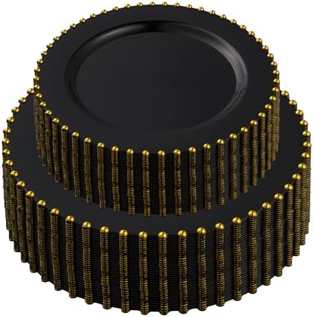 PLASTICPRO 128 Piece Combo Plastic Dinner Plates Disposable Plastic Fancy Heavy Duty Party Dishes 7 inch and 10 inch, Black and Gold Beaded by PLASTICPRO